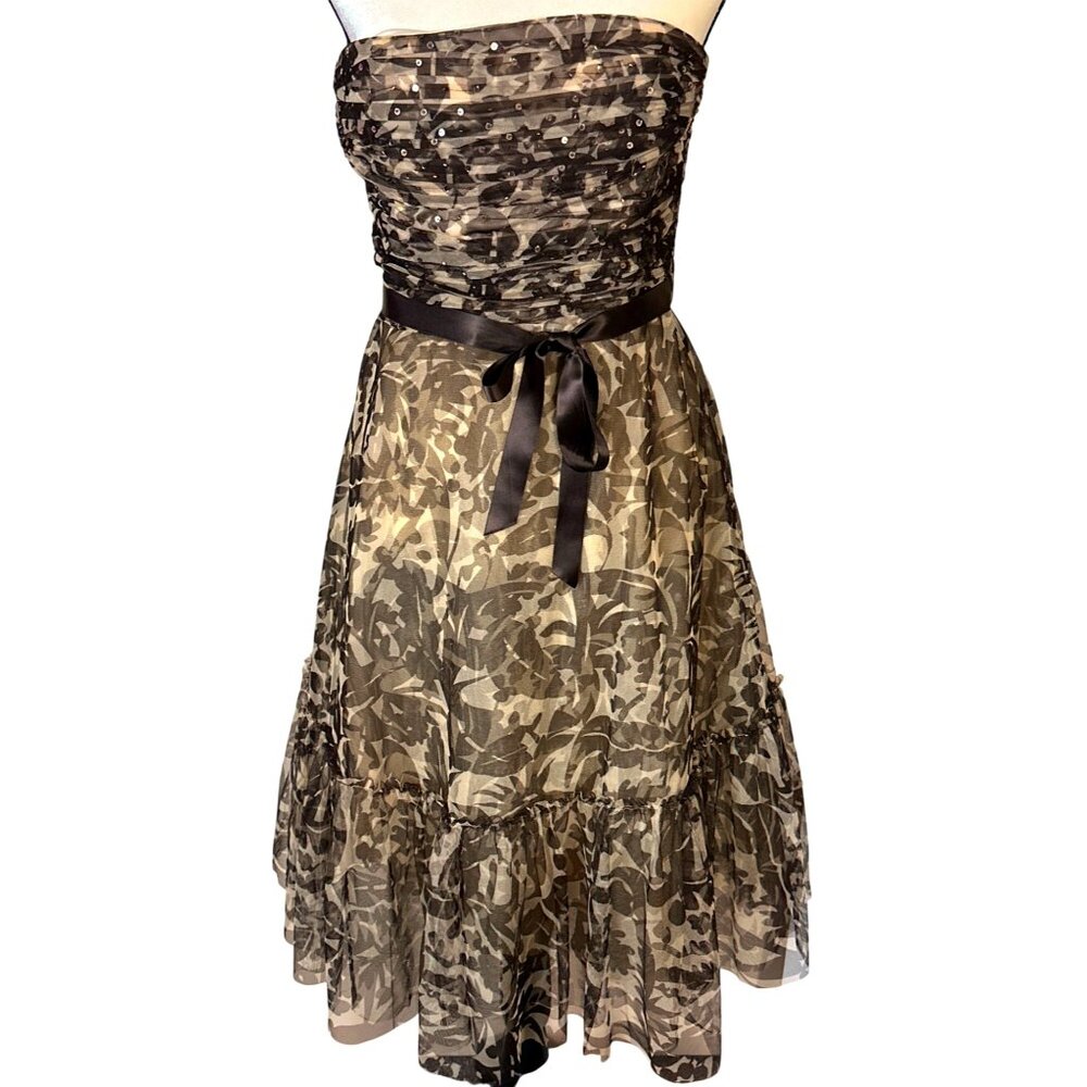 Y2K BCBGMaxAzria Brown Strapless Dress Medium Petite Mesh Tulle Retro Elegance
